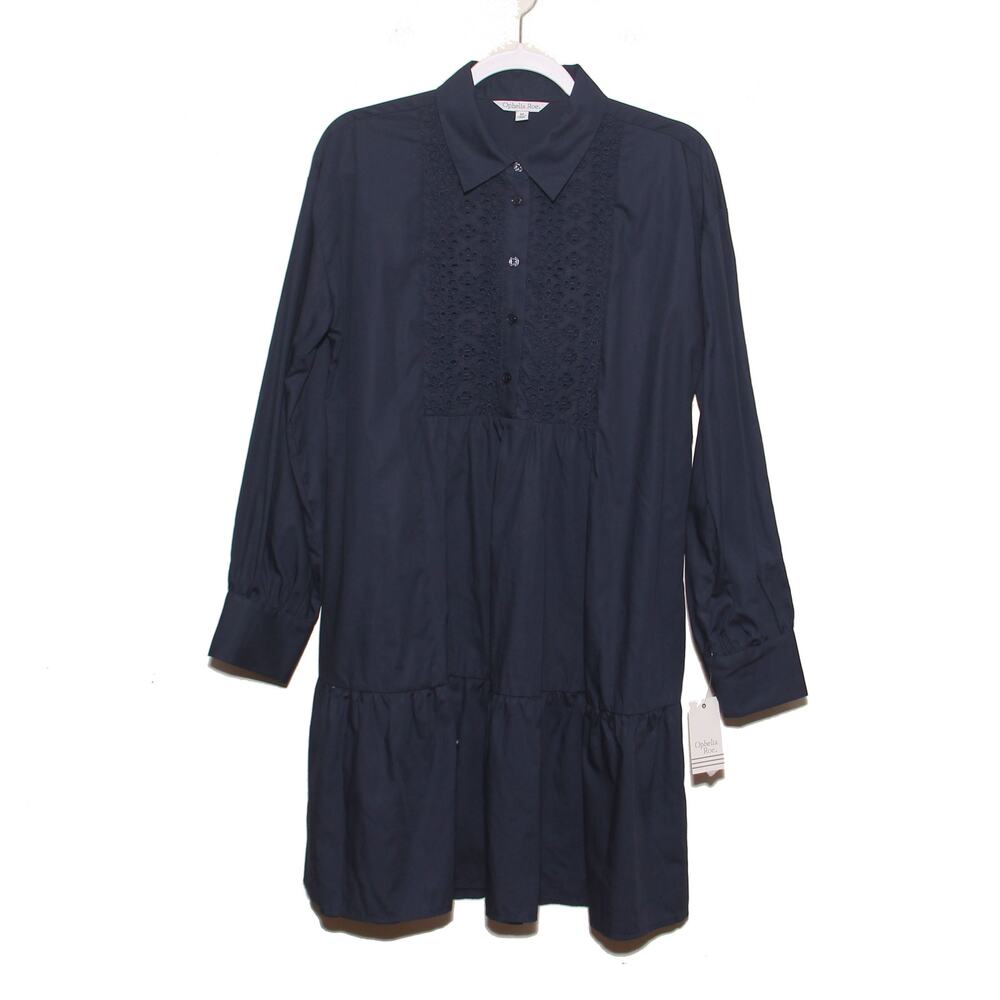 NEW Ophelia Roe Eyelet Bodice Cotton Dress Size Medium Navy Blue Ruffle Hem